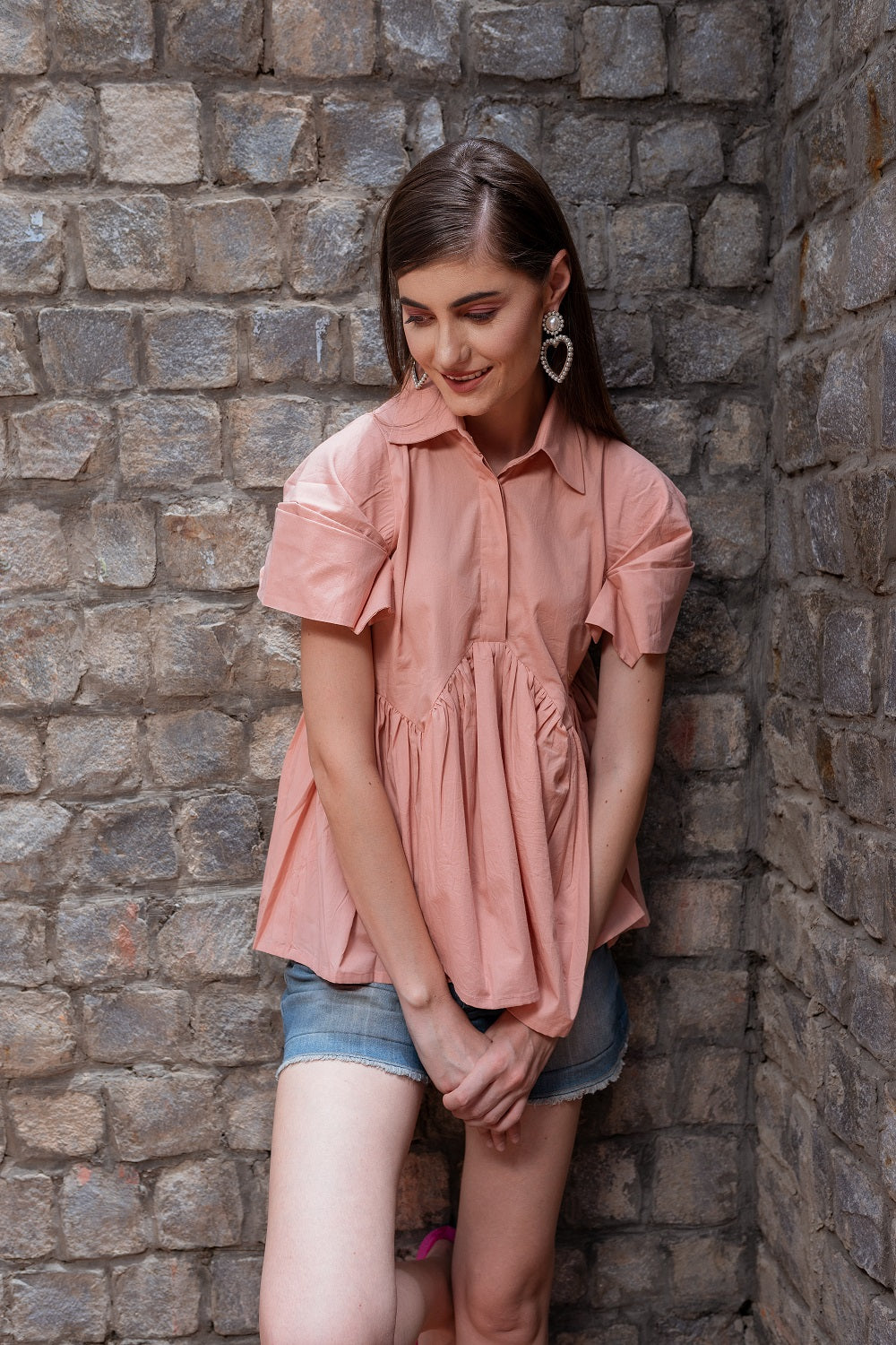 Poeme` Peach Peplum Origami Shirt